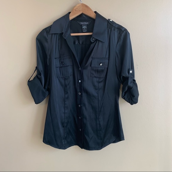White House Black Market Tops - WHBM black silk blouse size size 0 button front smooth satin top roll tab sleeve
